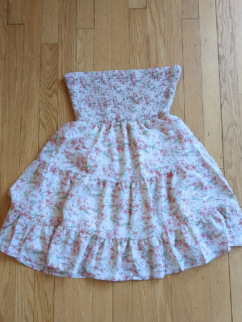Smocked Floral Strapless Teen Dress in Pink and Cream